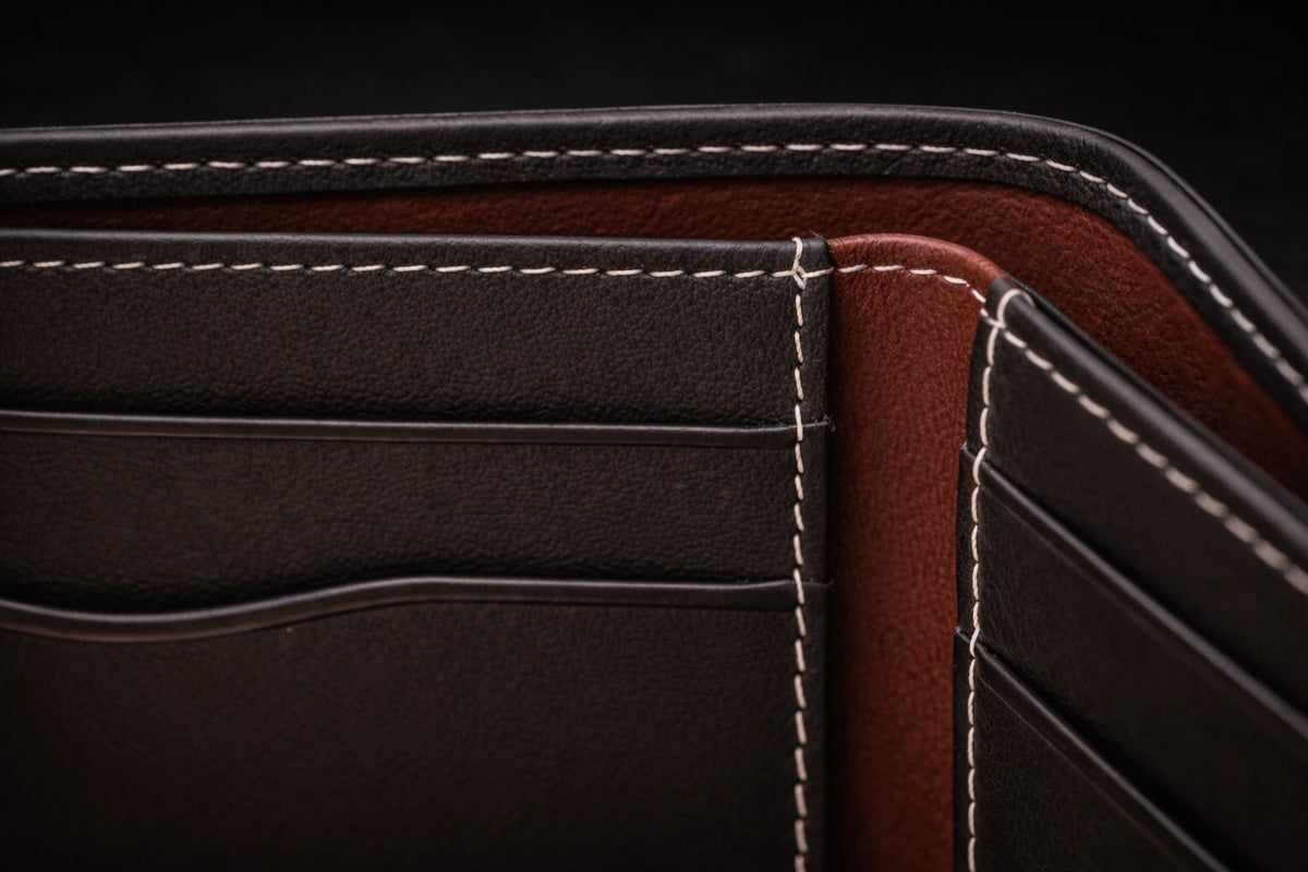 Close-up of a brown leather wallet with visible stitching on a black background