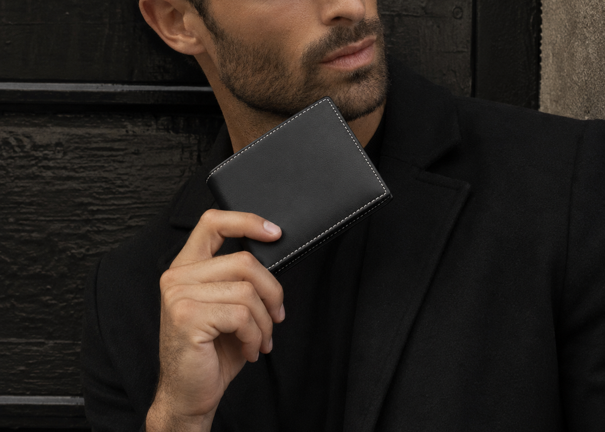 Man holding a black leather wallet against a dark background
