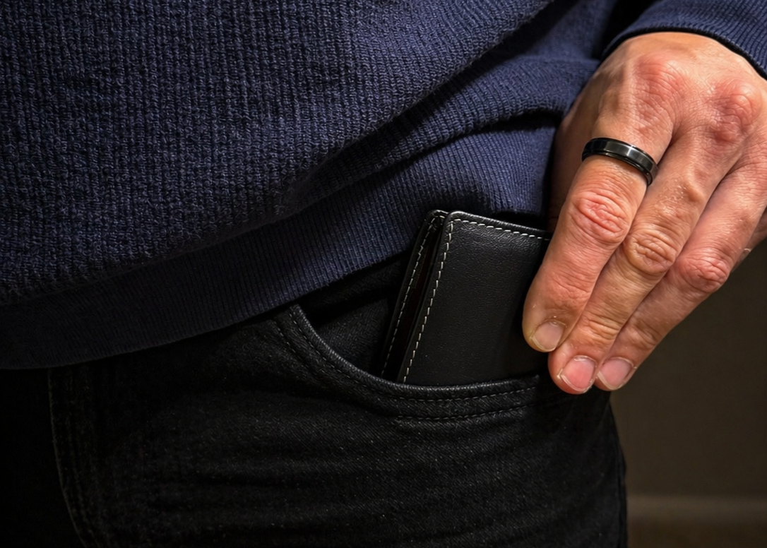 Person wearing a blue sweater and black pants with a black wallet in their pocket.
