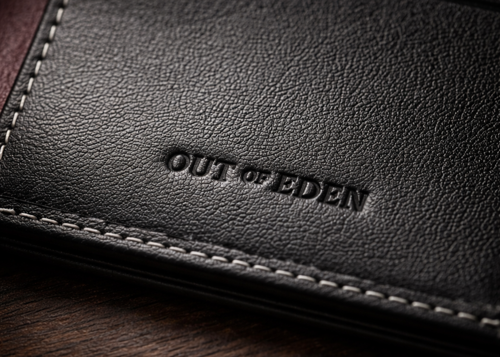 Close-up of a black leather wallet with 'Out of Eden' branding.