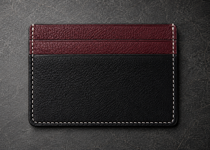 Two-tone leather cardholder with black and burgundy sections on a dark textured background