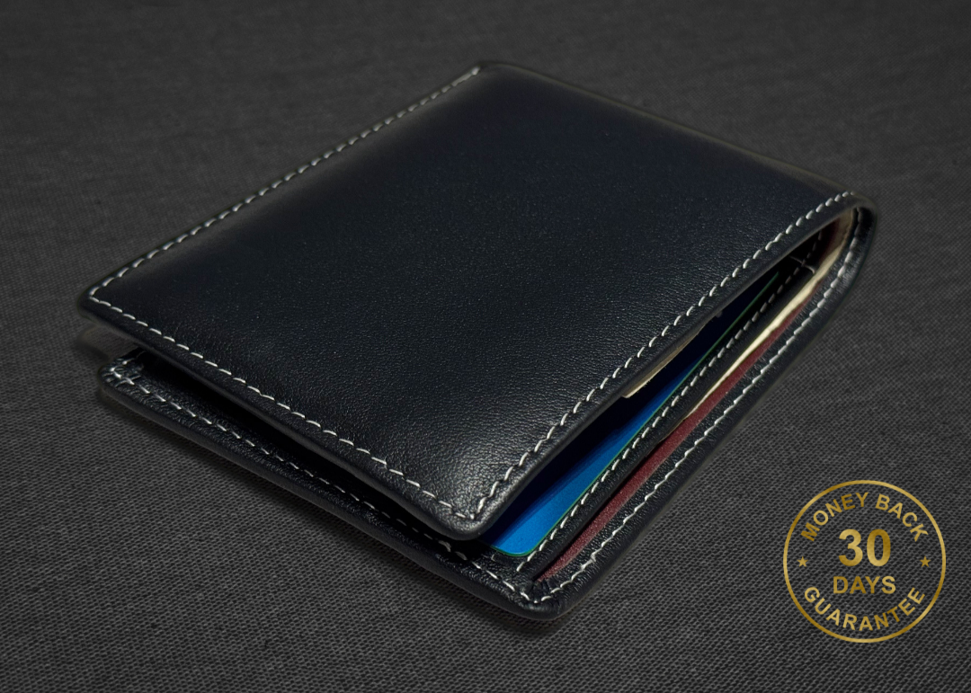 Black and burgandy closed leather walelt with cards