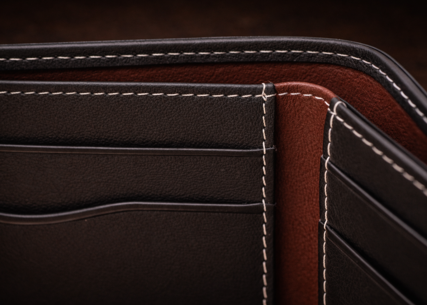 Close-up of a brown leather wallet with stitching detail