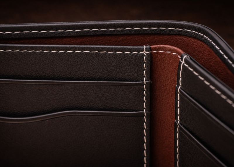 Close-up of a brown leather wallet with stitching detail